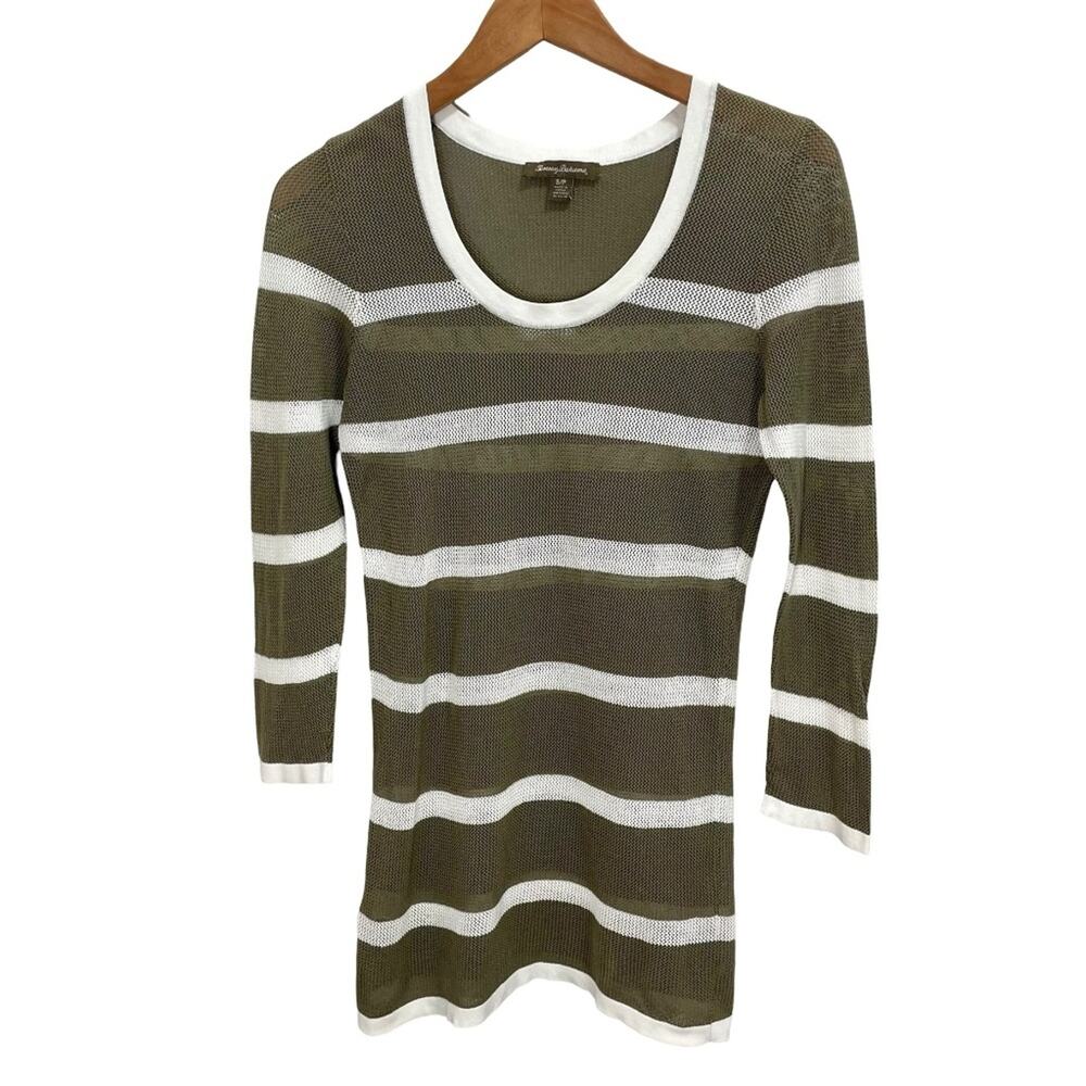 Tommy Bahama Green & White Striped Open Knit Sweater Fitted Size Small Coastal